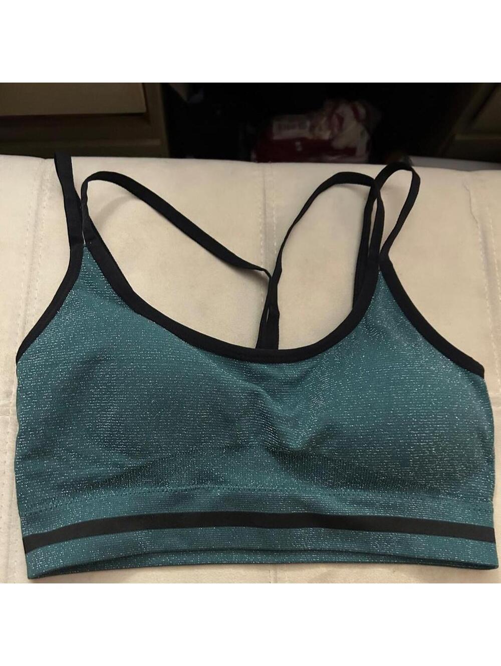 Cranes teal sparkly sports bra with black trim, size L